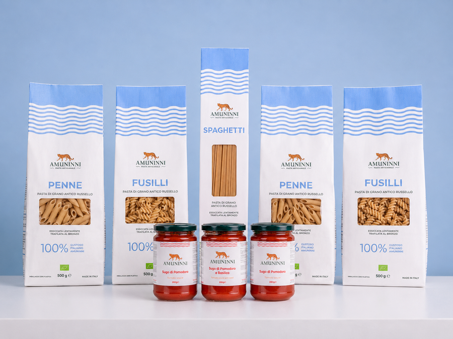 Amuninni organic ancient grain pasta range — Penne, Fusilli and Spaghetti – with Sicilian tomato sauces